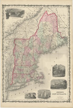 Large Antique Map of New England with decorative Vignettes