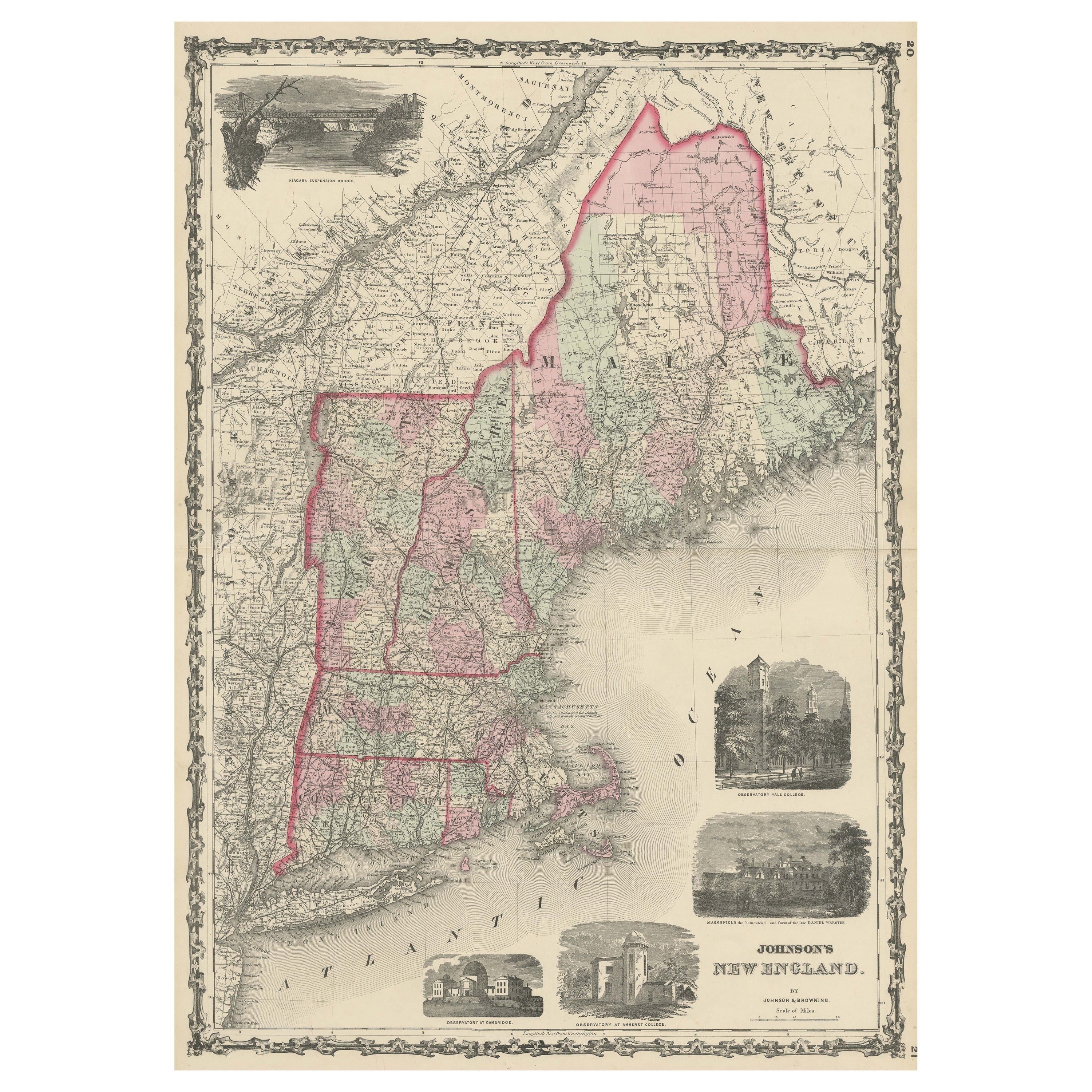 Grande mappa antica del New England con vignette decorative in vendita
