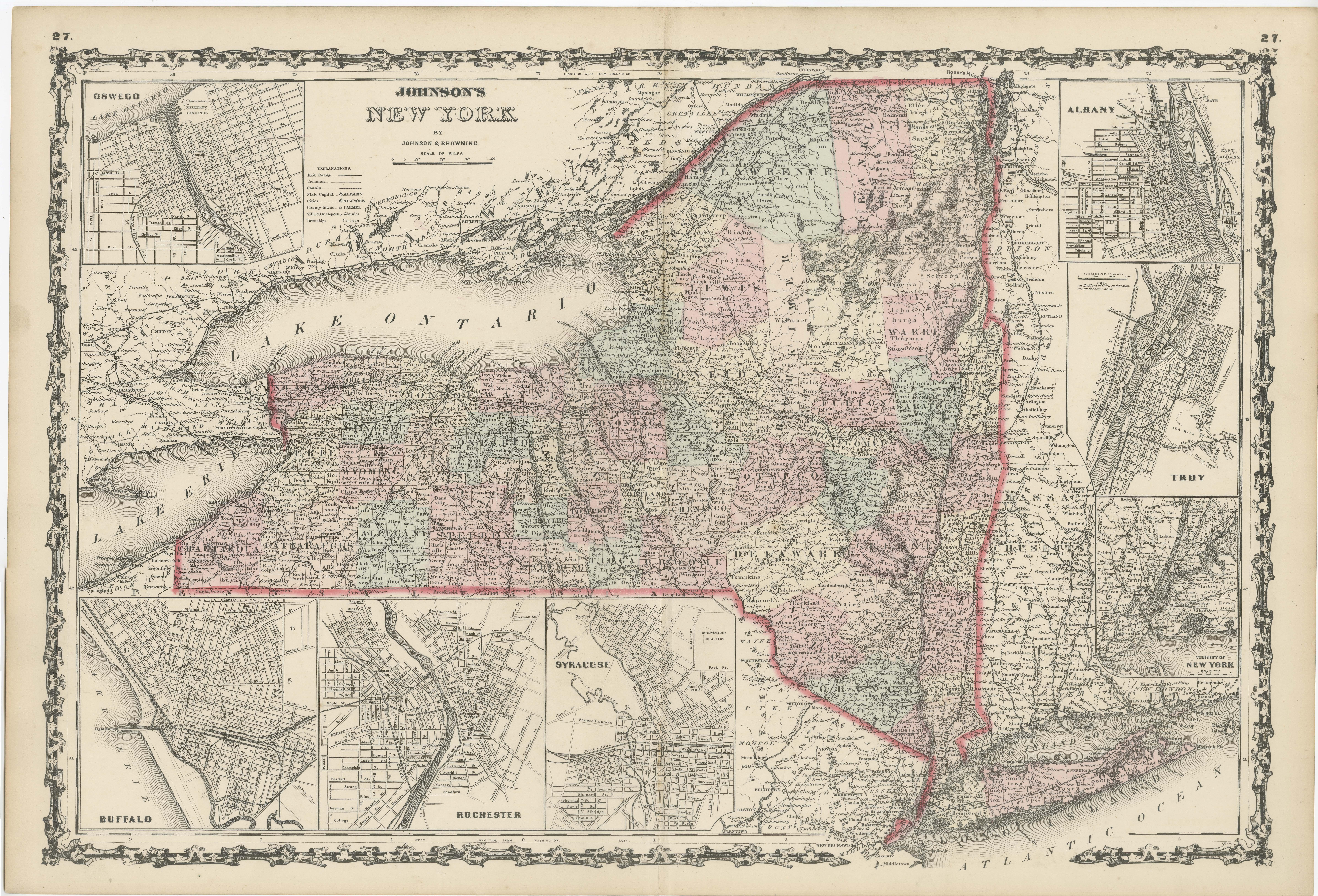 Antique map titled 'Johnson's New York' Large map of New York State. With insets of Albany, Oswego, Buffalo, Rochester, Syracuse, Troy and NYC. Published by Johnson and Browning, 1861.

The Johnson company was one of the better American mapmakers of