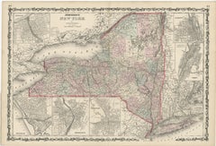 Large Antique Map of New York State with Inset Maps