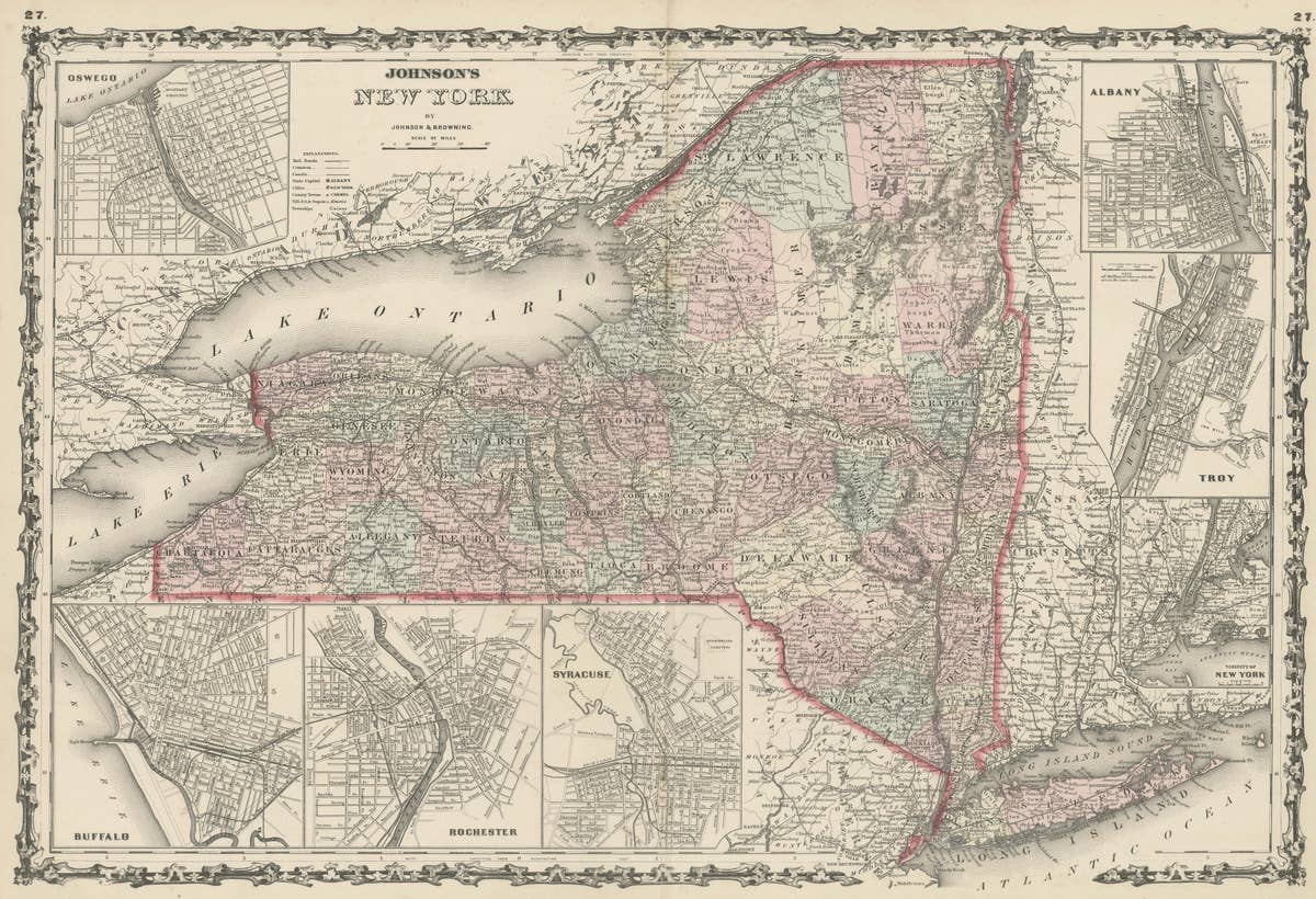Large Antique Map of New York State with Inset Maps