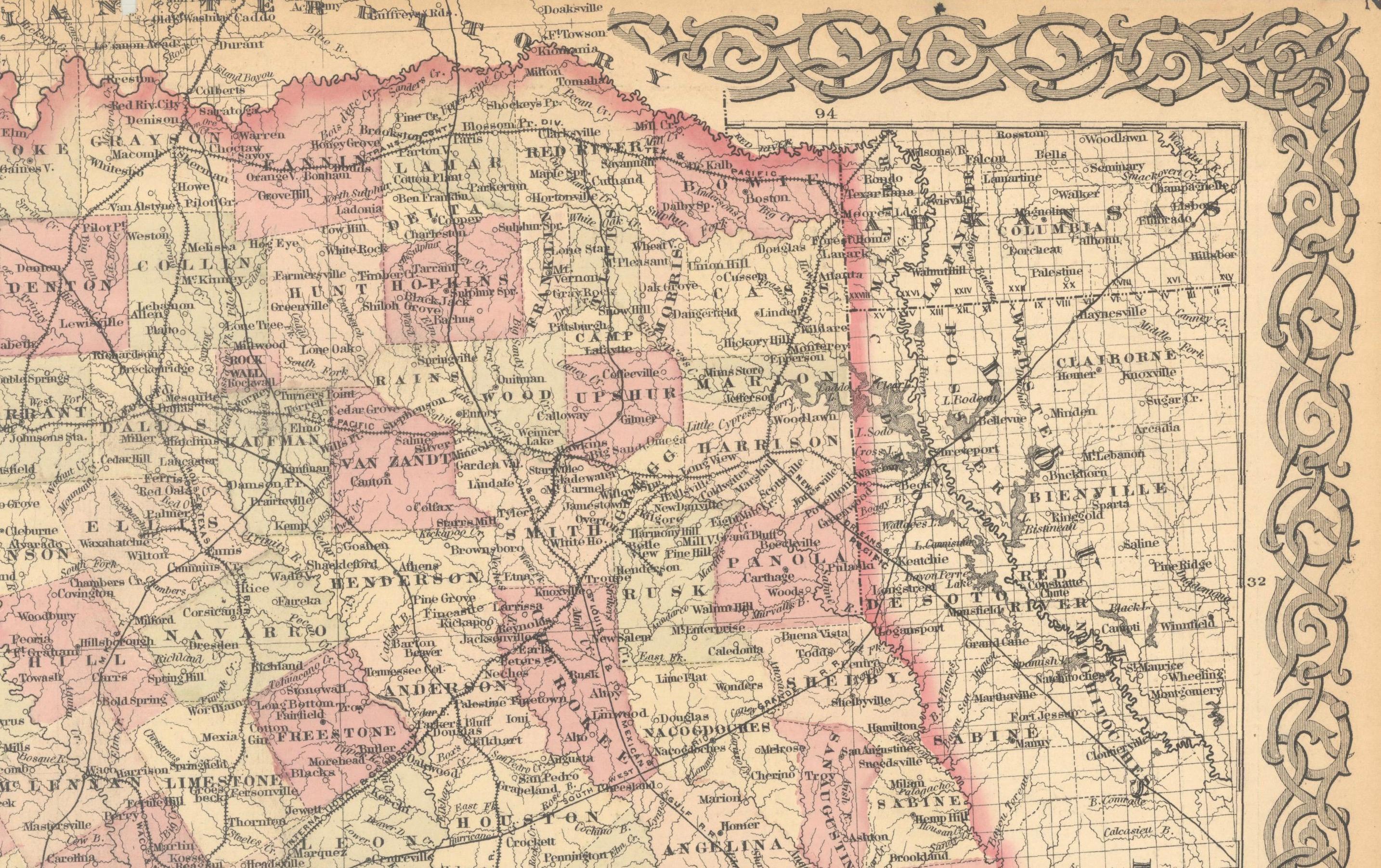 Gran mapa antiguo de Texas con mapas insertados de Panhandle y Bay, Colton, 1873

Este mapa antiguo de Texas, rico en detalles y visualmente impactante, fue publicado en 1873 por G.W. & C.B. Colton, una de las editoriales cartográficas
