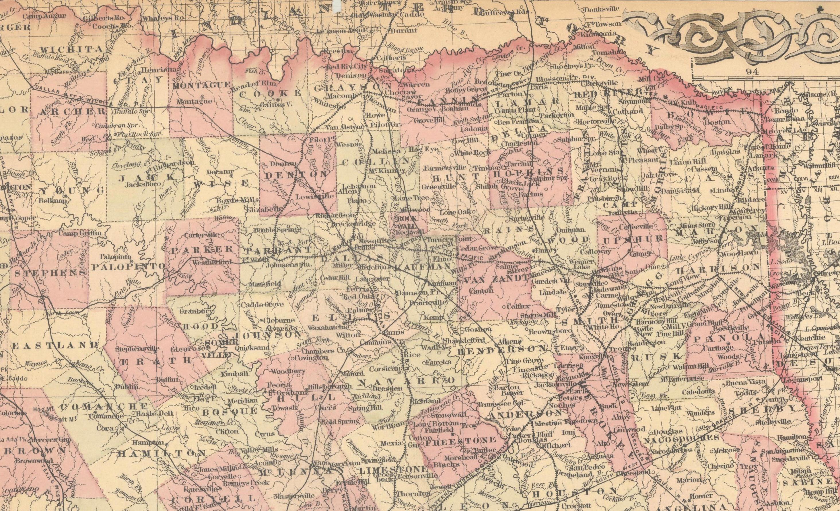 Gran mapa antiguo de Texas con mapas insertados de Panhandle y Bay, Colton, 1873 en Bueno estado para la venta en Langweer, NL