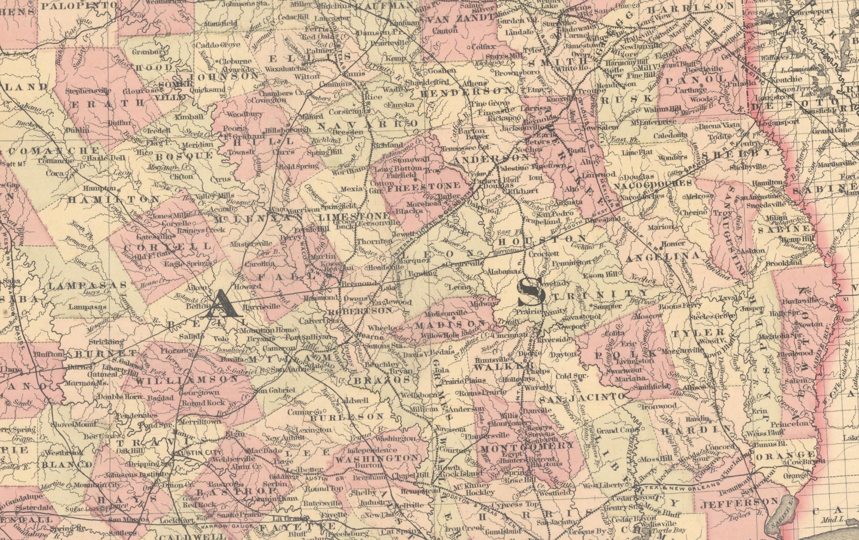 Gran mapa antiguo de Texas con mapas insertados de Panhandle y Bay, Colton, 1873 Fines del siglo XIX en venta
