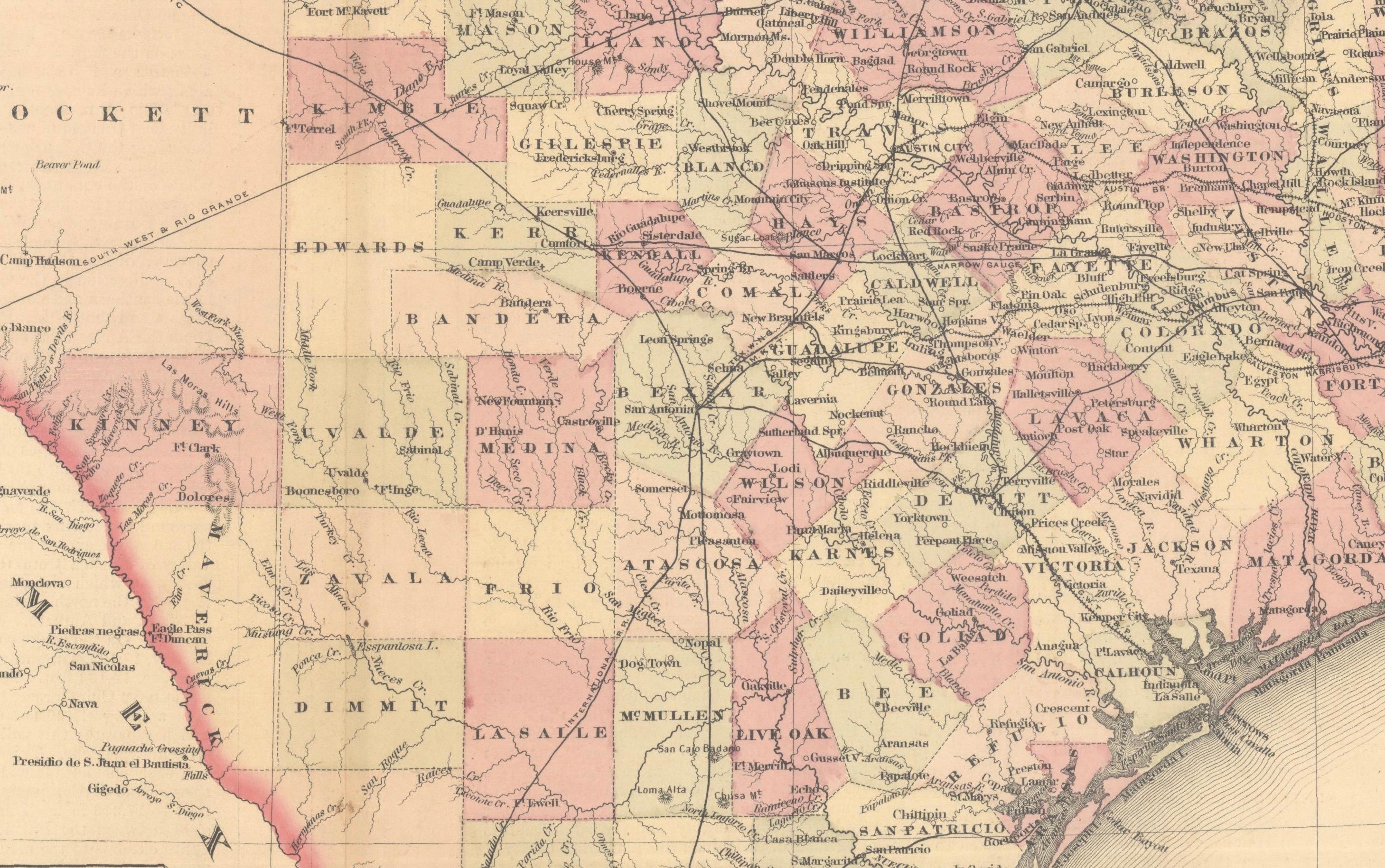 Gran mapa antiguo de Texas con mapas insertados de Panhandle y Bay, Colton, 1873 Papel en venta