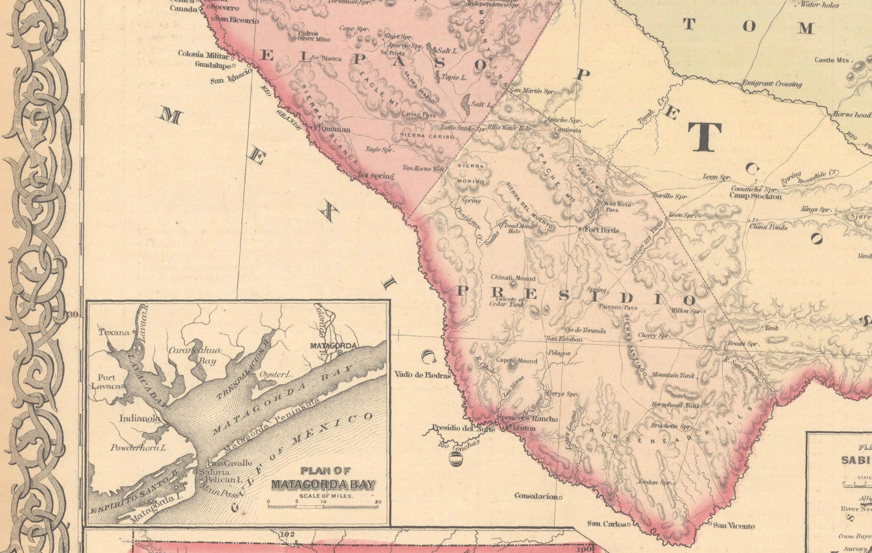 Gran mapa antiguo de Texas con mapas insertados de Panhandle y Bay, Colton, 1873 en venta 1
