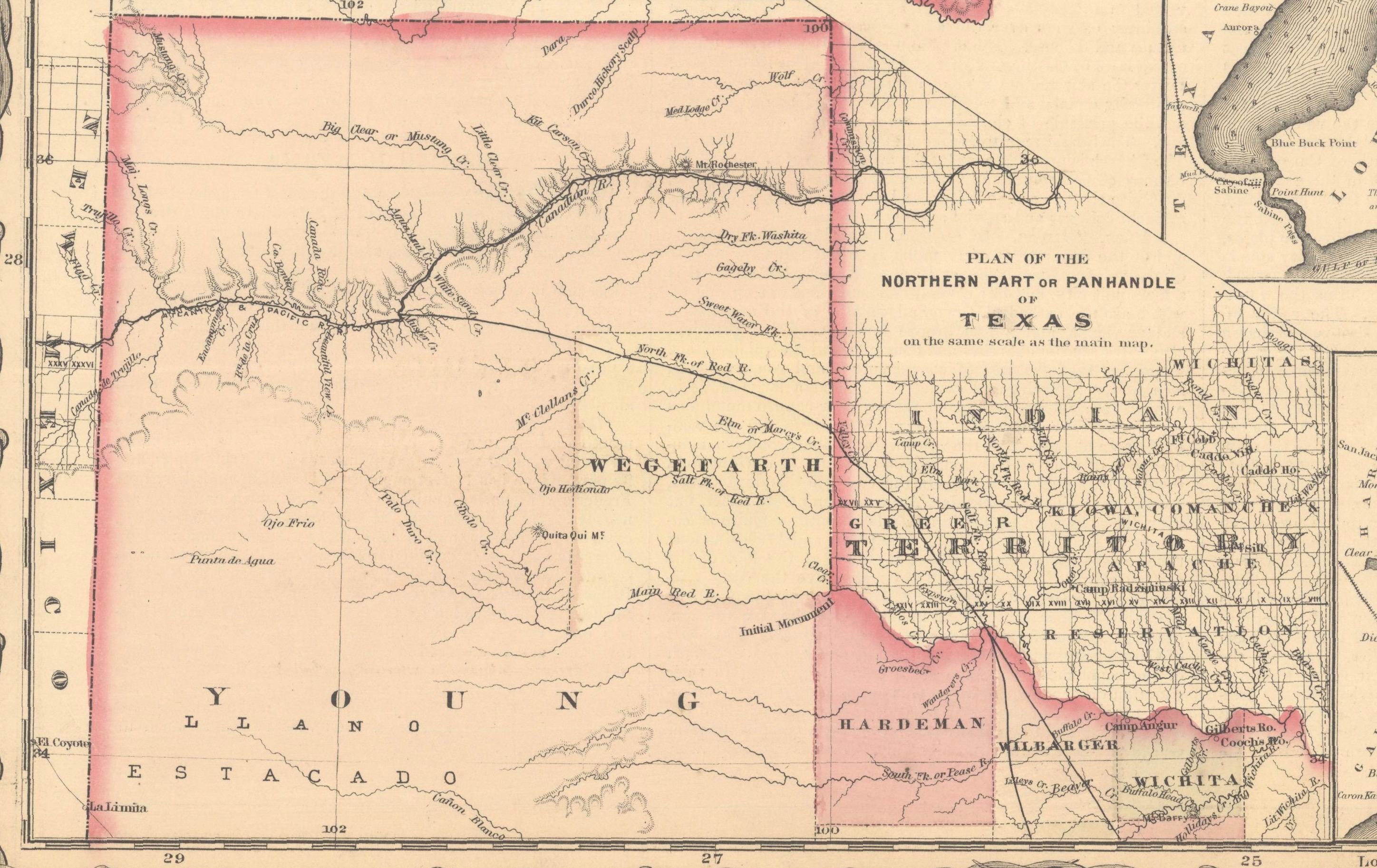 Gran mapa antiguo de Texas con mapas insertados de Panhandle y Bay, Colton, 1873 en venta 2