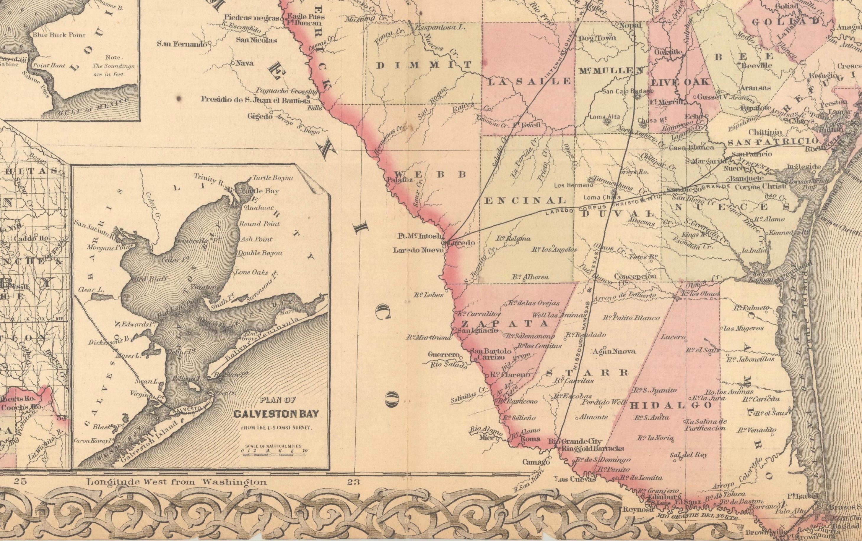 Gran mapa antiguo de Texas con mapas insertados de Panhandle y Bay, Colton, 1873 en venta 3