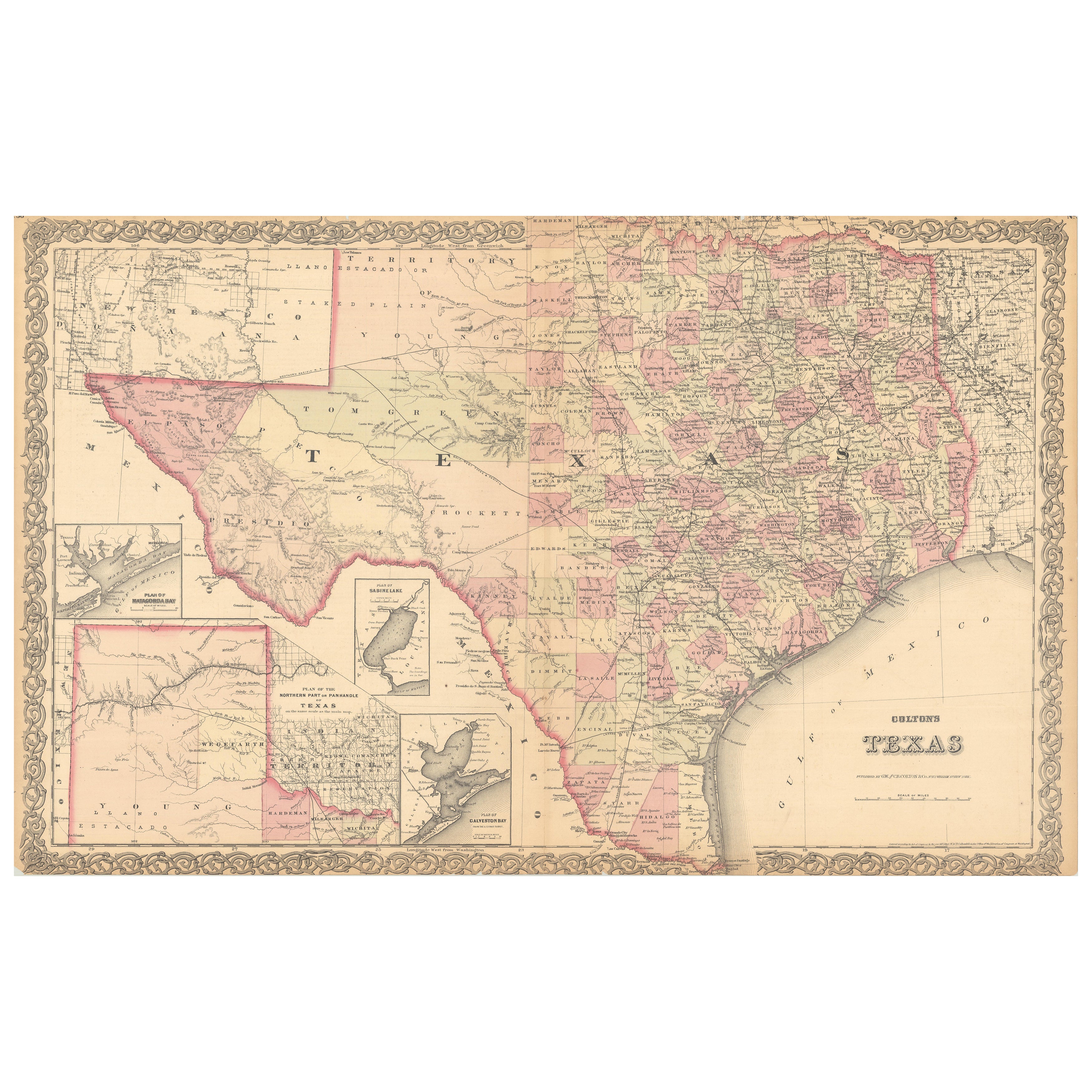 Gran mapa antiguo de Texas con mapas insertados de Panhandle y Bay, Colton, 1873 en venta