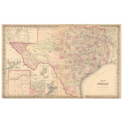 Grande carte ancienne du Texas avec cartes en médaillon de Panhandle et Bay, Colton, 1873