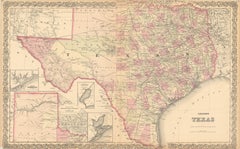 Gran mapa antiguo de Texas con mapas insertados de Panhandle y Bay, Colton, 1873