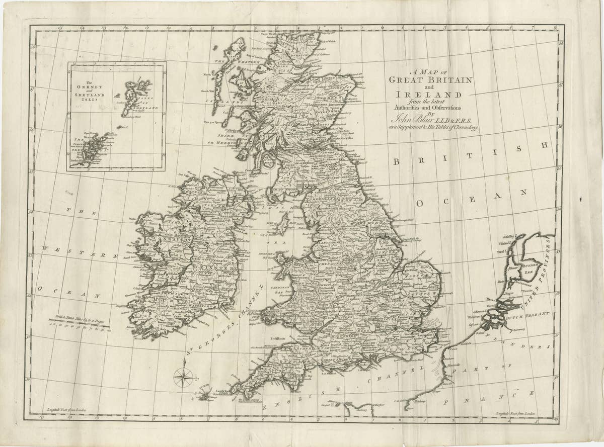 Large Antique Map of the British Isles, inset of the Orkneys and Shetlands, 1779