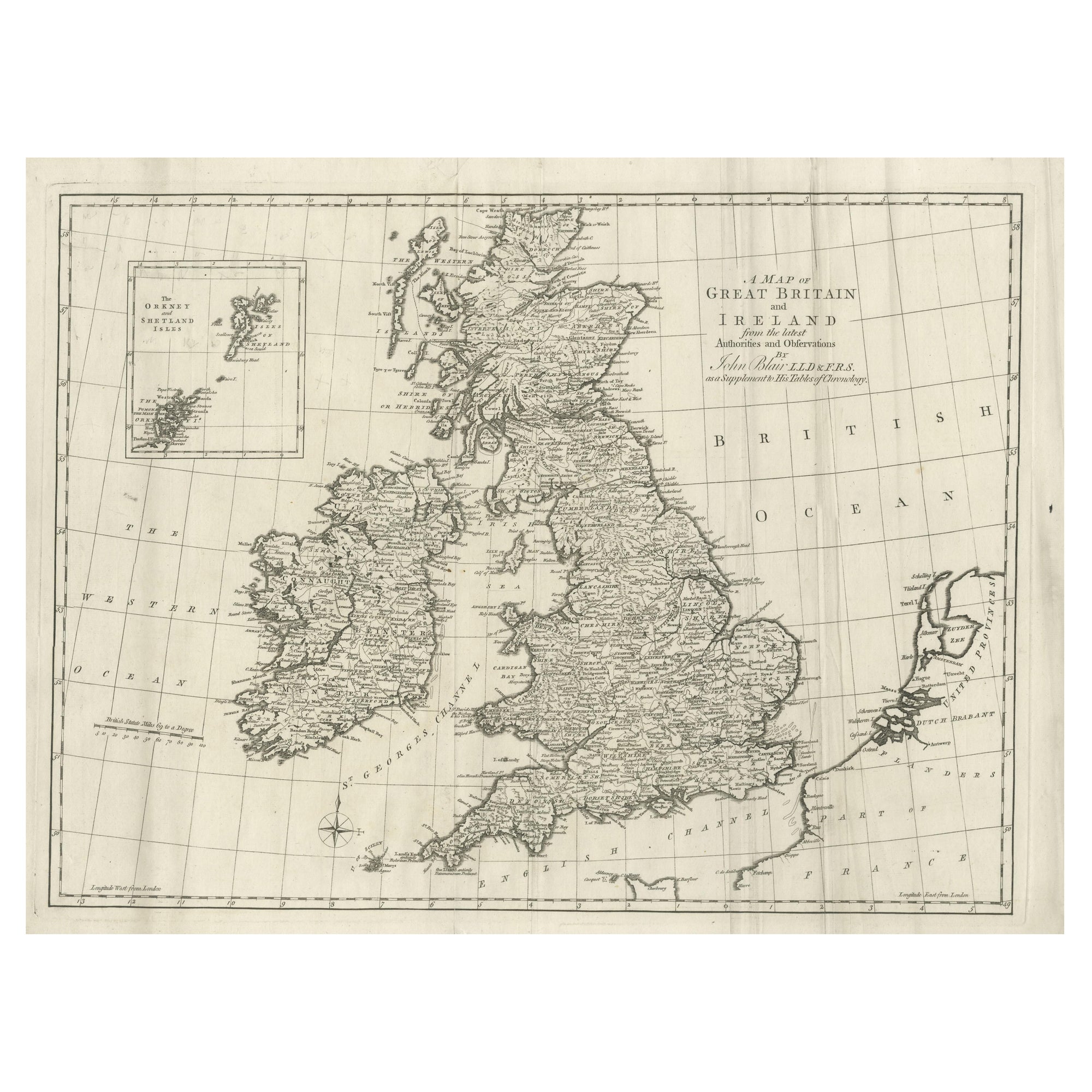 Grande carte ancienne des îles britanniques, avec incrustation des Orkneys et des Shetlands