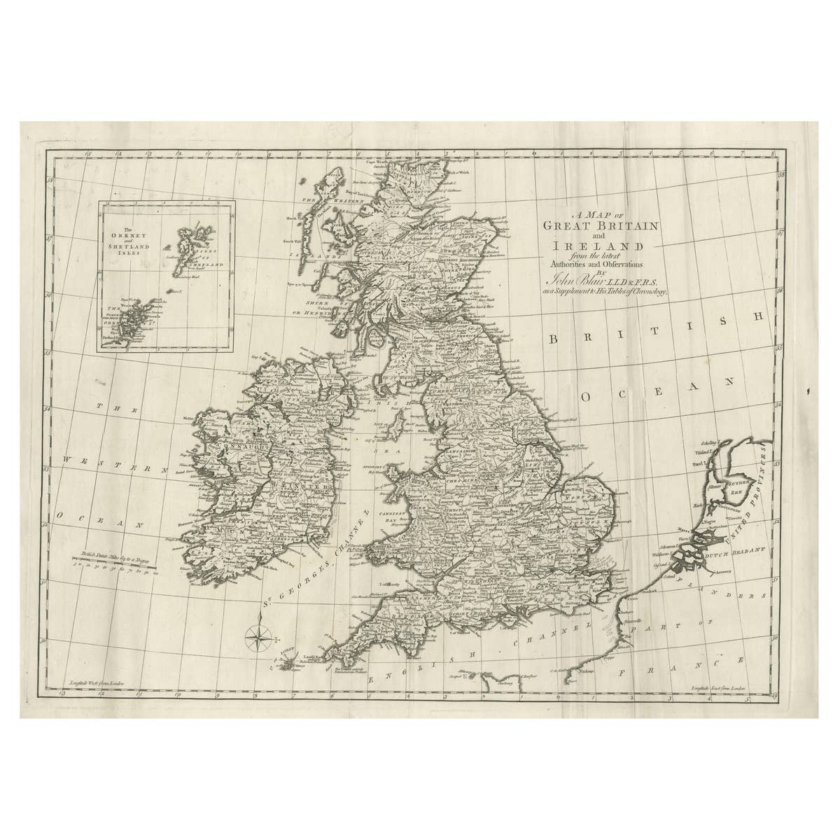 Large Antique Map of the British Isles, inset of the Orkneys and Shetlands, 1779