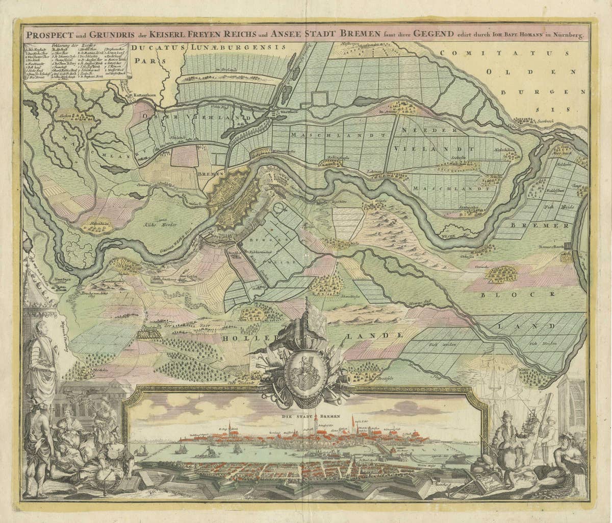 Antique Map of Bremen by J.B. Homann, Panoramic View, Circa 1720
