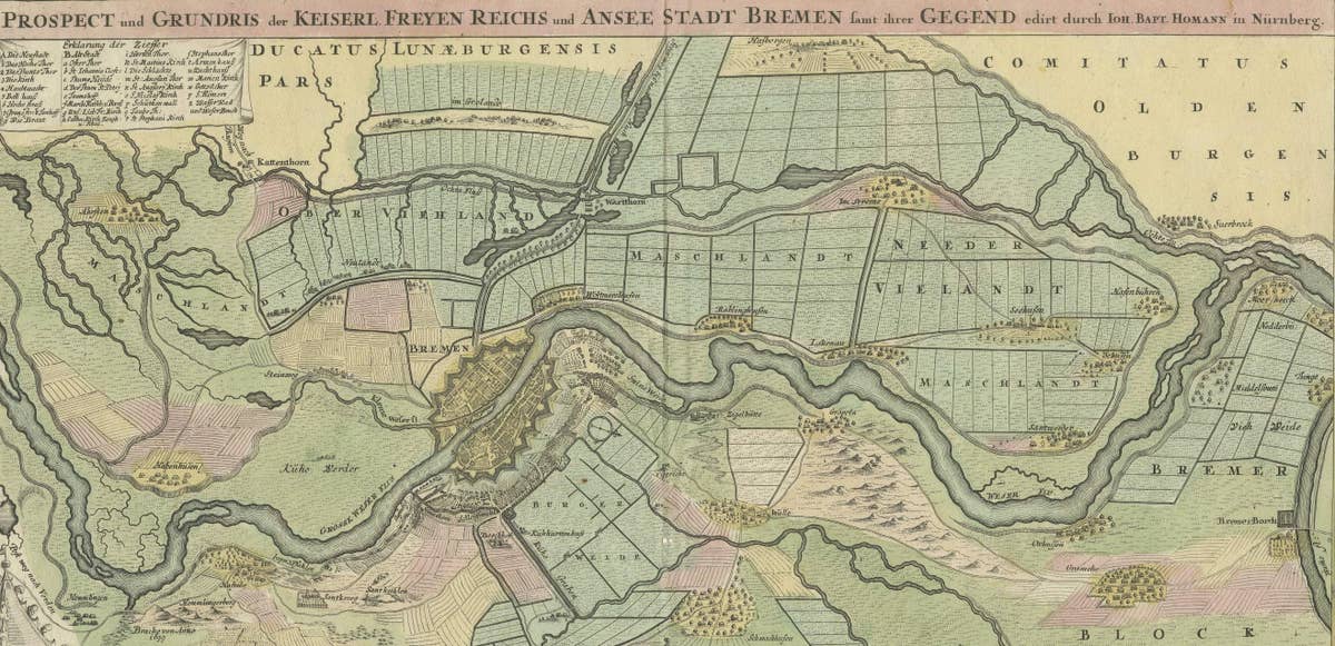 Antique Map of Bremen by J.B. Homann, Panoramic View, Circa 1720