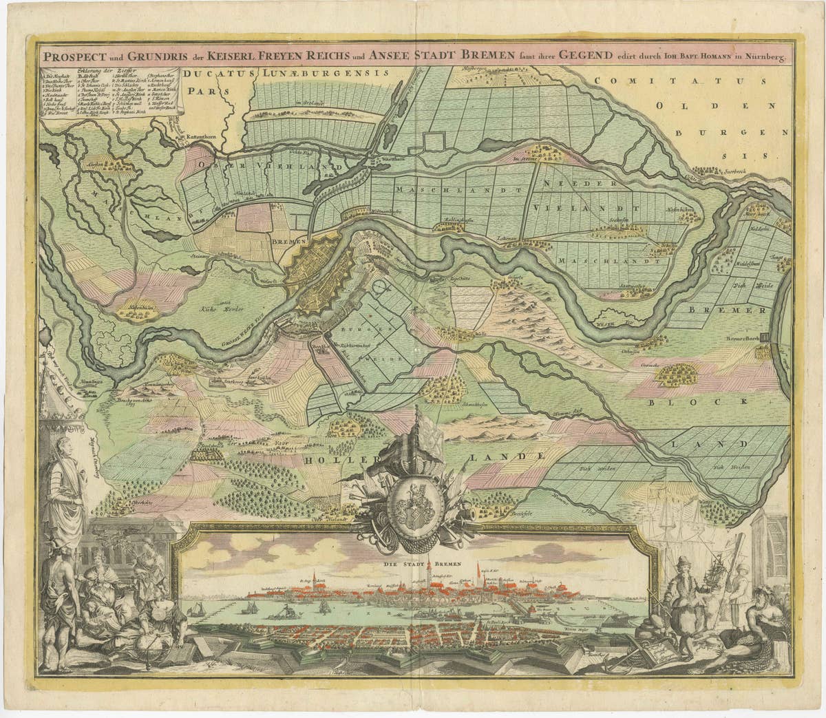 Antique Map of Bremen by J.B. Homann, Panoramic View, Circa 1720