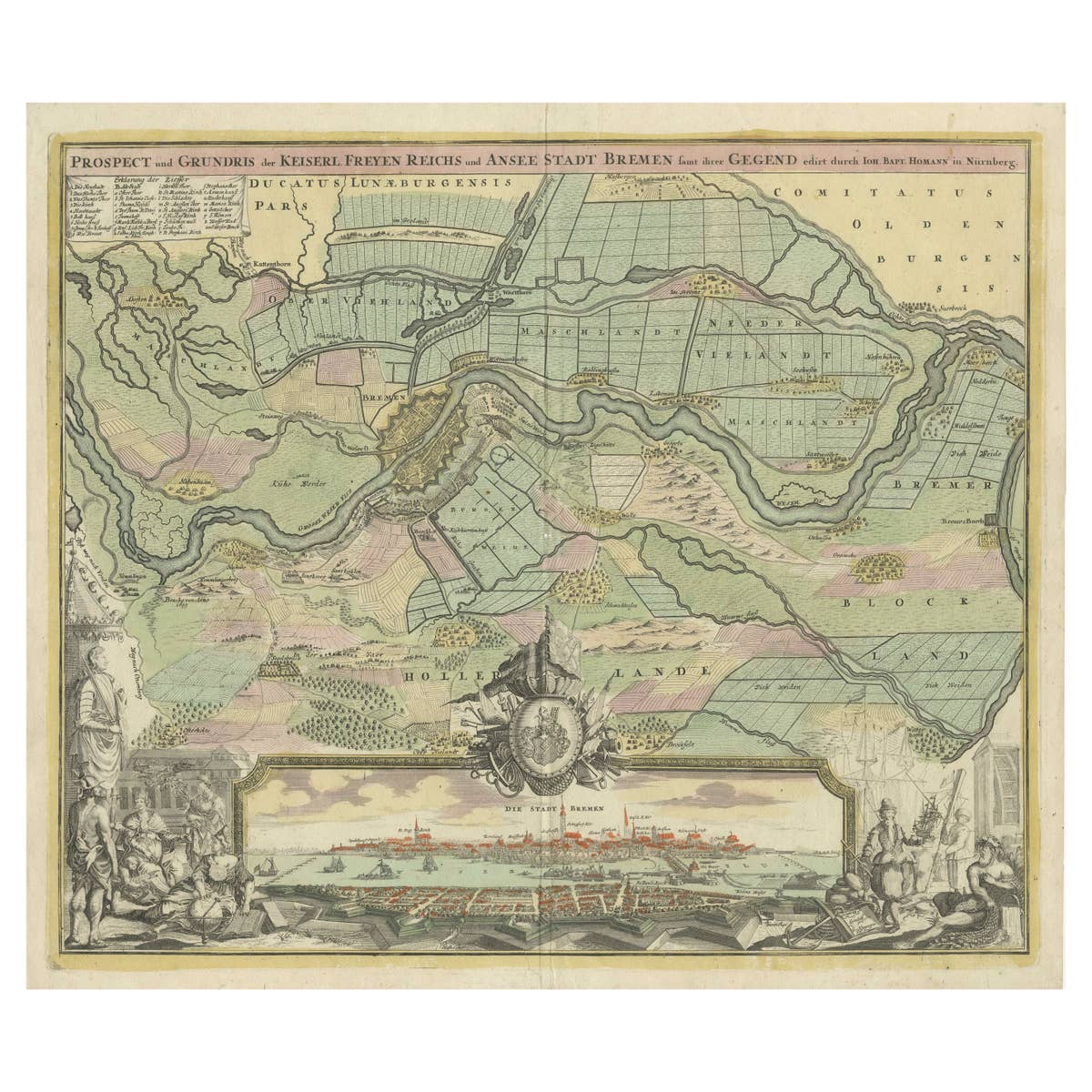 Antique Map of Bremen by J.B. Homann, Panoramic View, Circa 1720