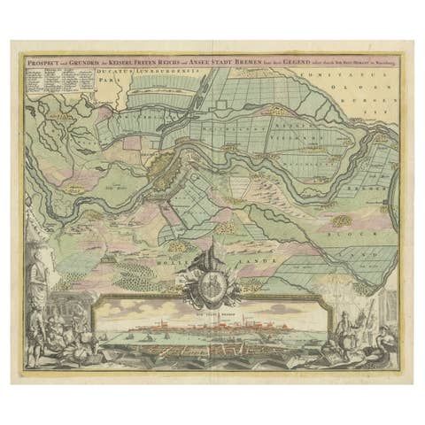Antique Map of Bremen by J.B. Homann, Panoramic View, Circa 1720