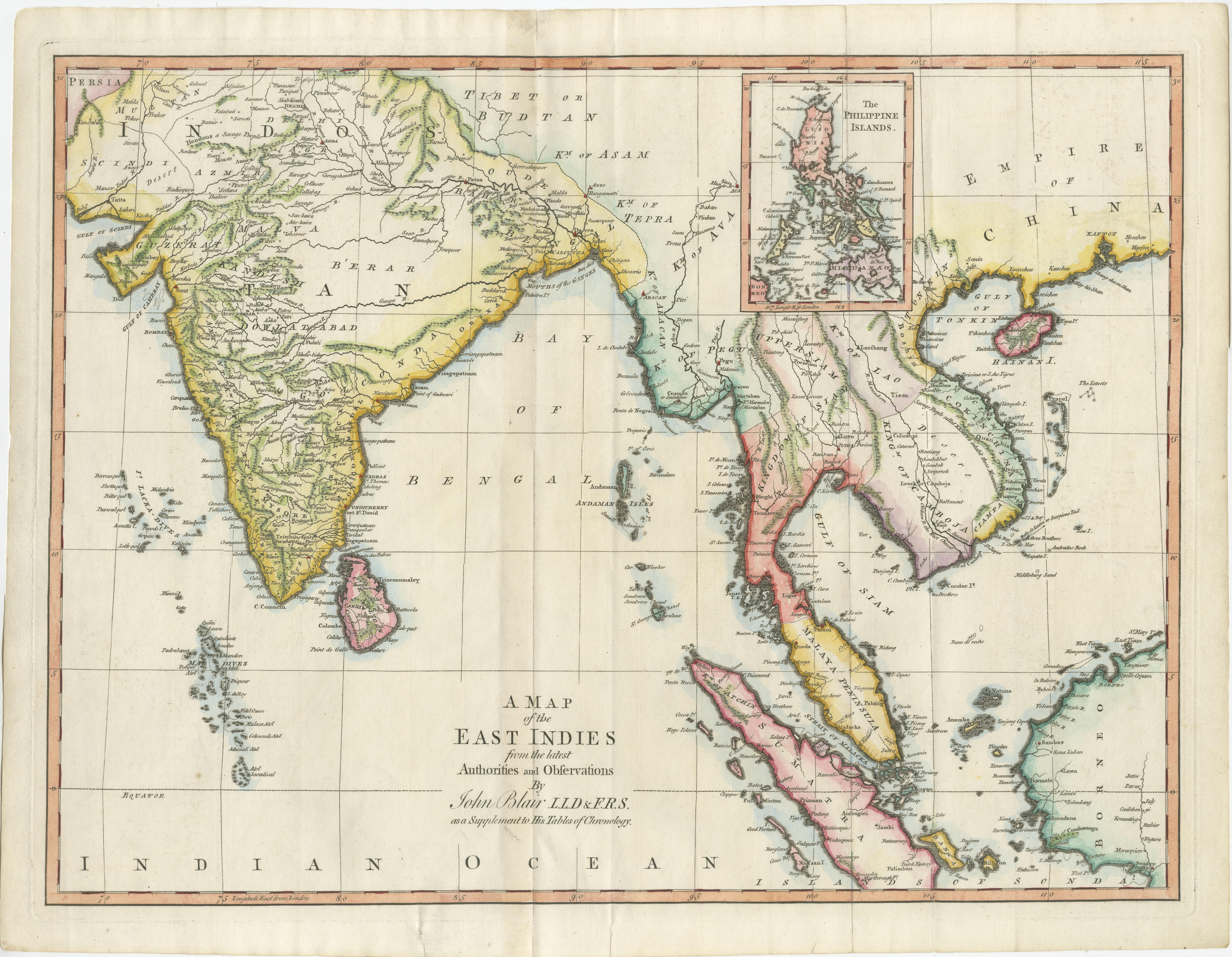 Antique map titled 'A Map of the East Indies (..)'. Large antique map of Southeast Asia, India, and part of China, extending to Tibet, the Maladives, Sumatra, part of Borneo, Hainan, Kanton, etc. Large inset of the Philippines. Engraved by T.