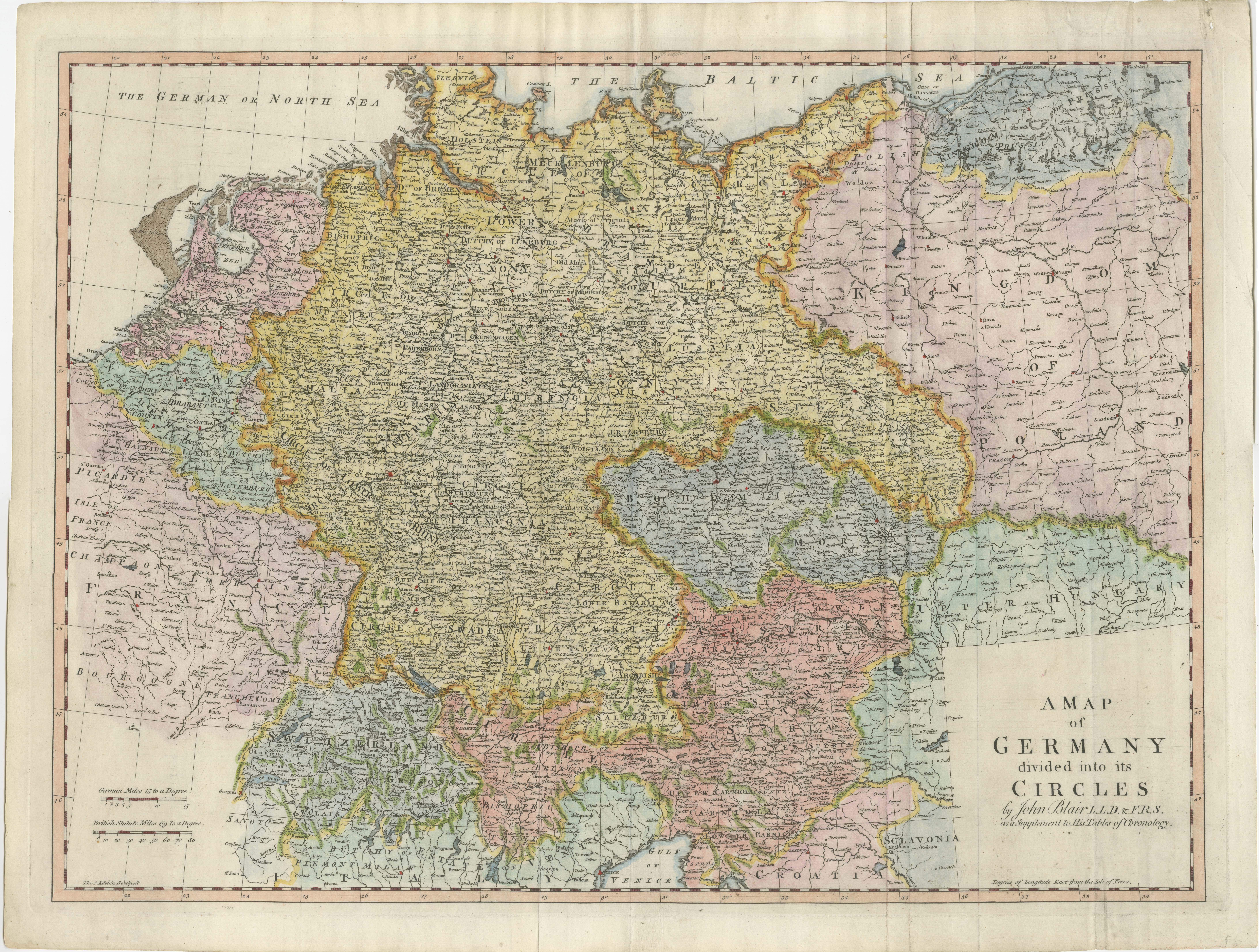 Antique map titled 'A Map of Germany (..)'. Large antique map of the German Empire, highly detailed. Engraved by T. Kitchin. Published J. Blair, circa 1779.