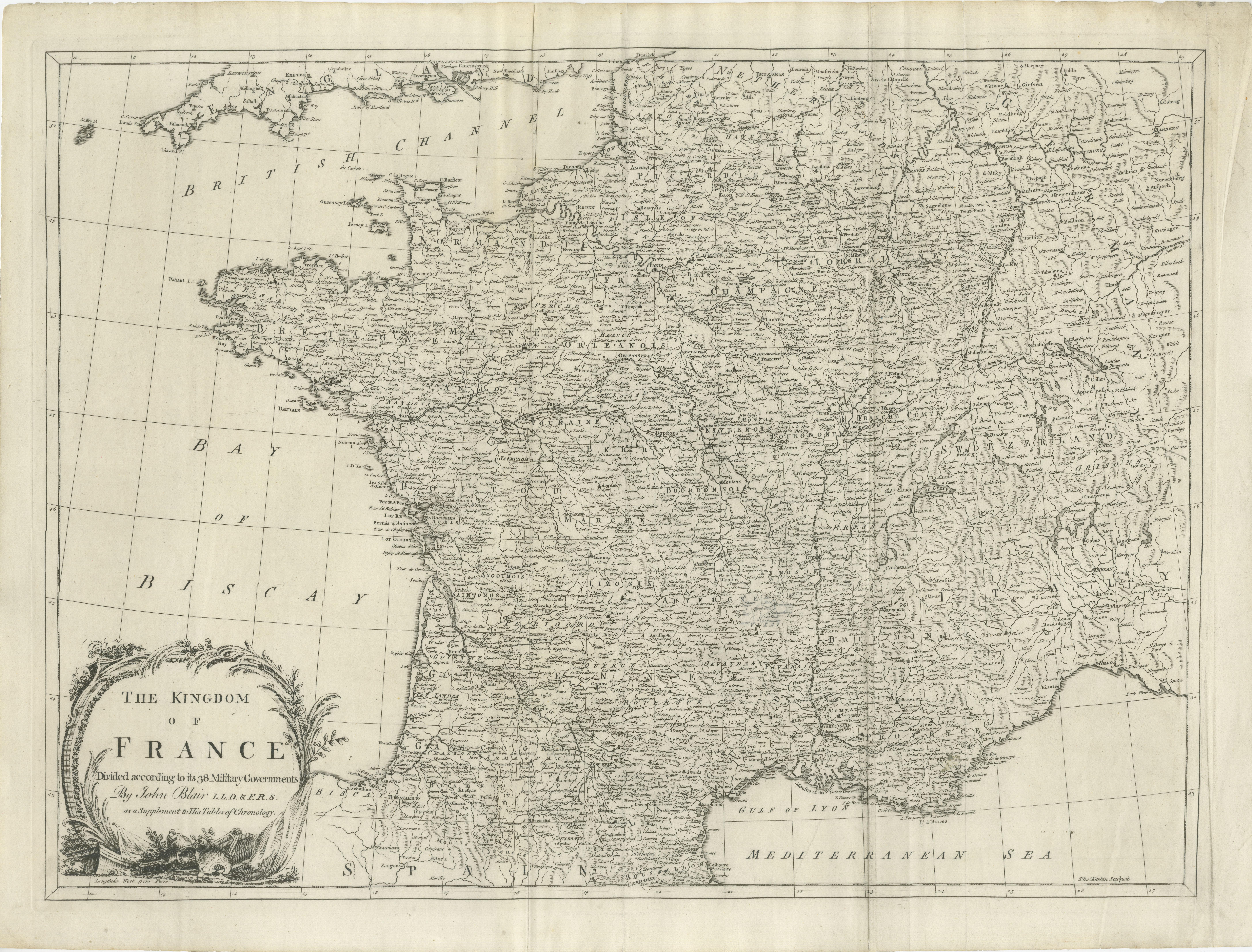Antique map titled 'The Kingdom of France (..)'. Large antique map of the Kingdom of France. Engraved by T. Kitchin. Published J. Blair, circa 1779.