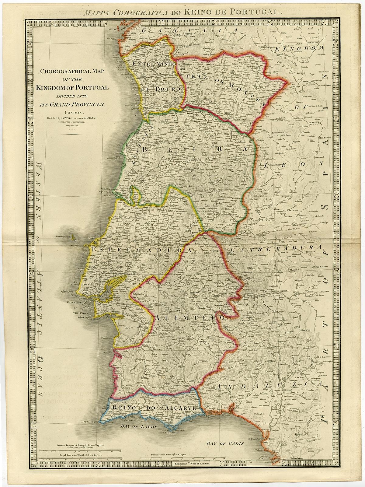 Antique map titled 'Mappa Corografica do Reino de Portugal - Chorographical map of the Kingdom of Portugal divided into its Grand Provinces.' 

Large map of the Kingdom of Portugal. From James Wyld's 'A New General Atlas of Modern Geography.',
