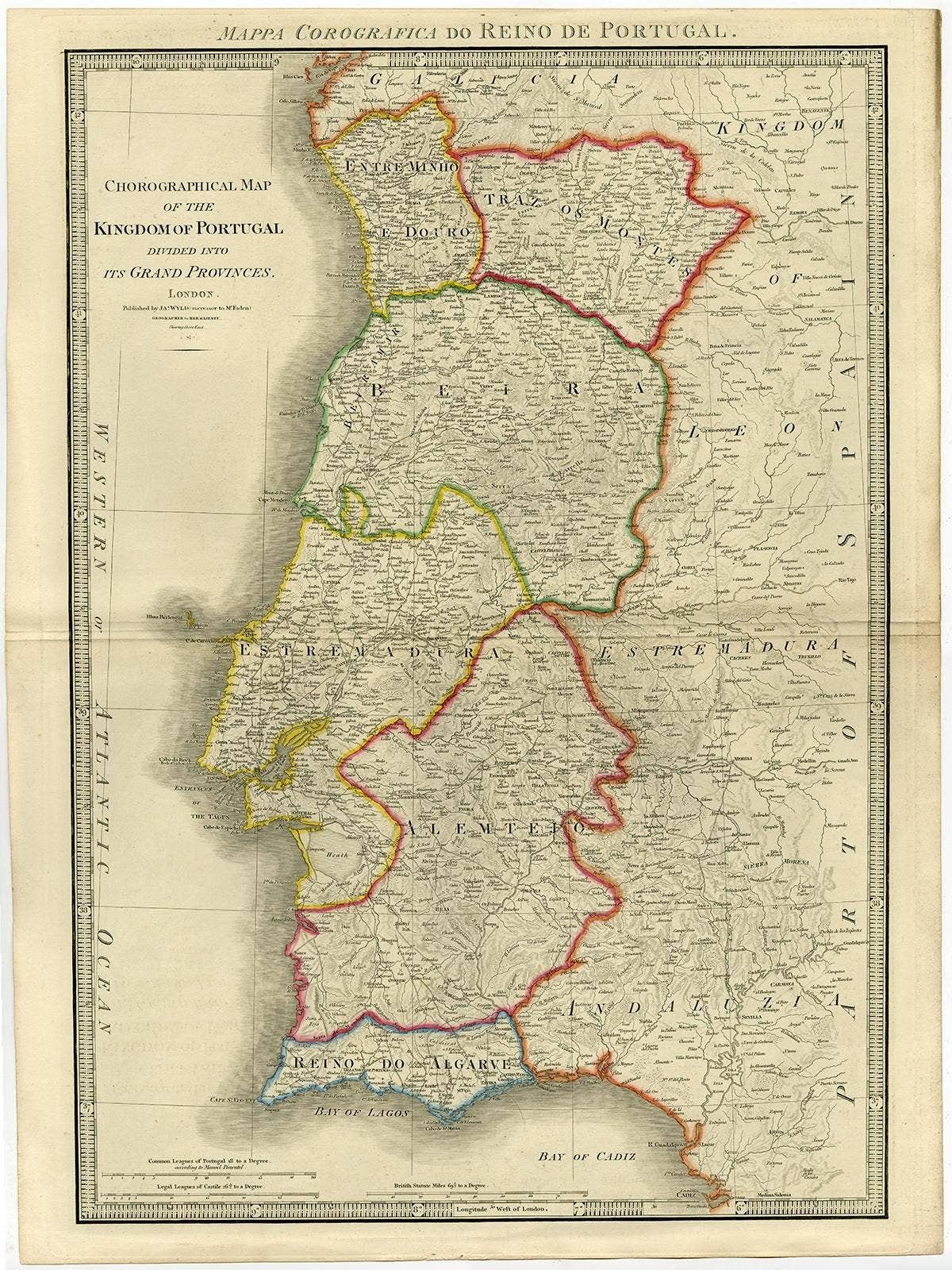 Engraved Large Map of The Kingdom of Portugal Original Handcolored, 1854