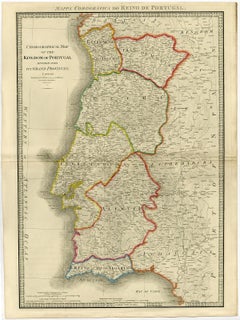 Engraved Large Map of The Kingdom of Portugal Original Handcolored, 1854
