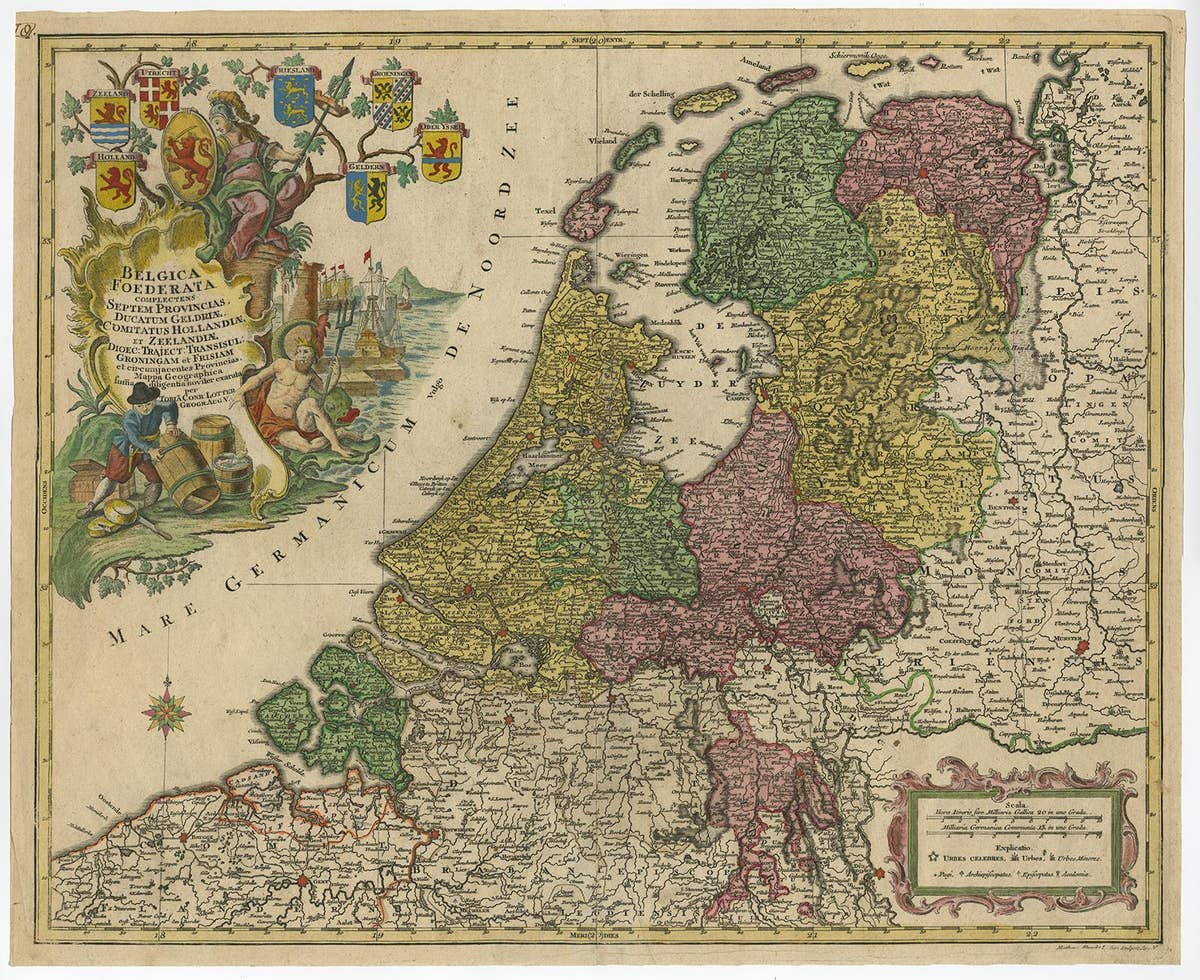 Large Antique Map of the Netherlands with Original Hand Coloring