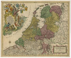 Large Antique Map of the Netherlands with Original Hand Coloring