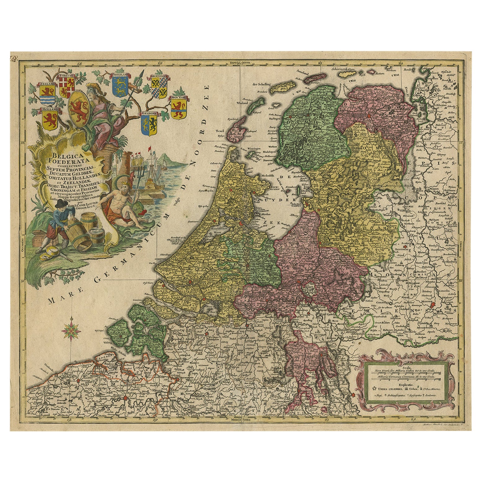 Große antike Karte der Niederlande mit Original-Handkolorierung