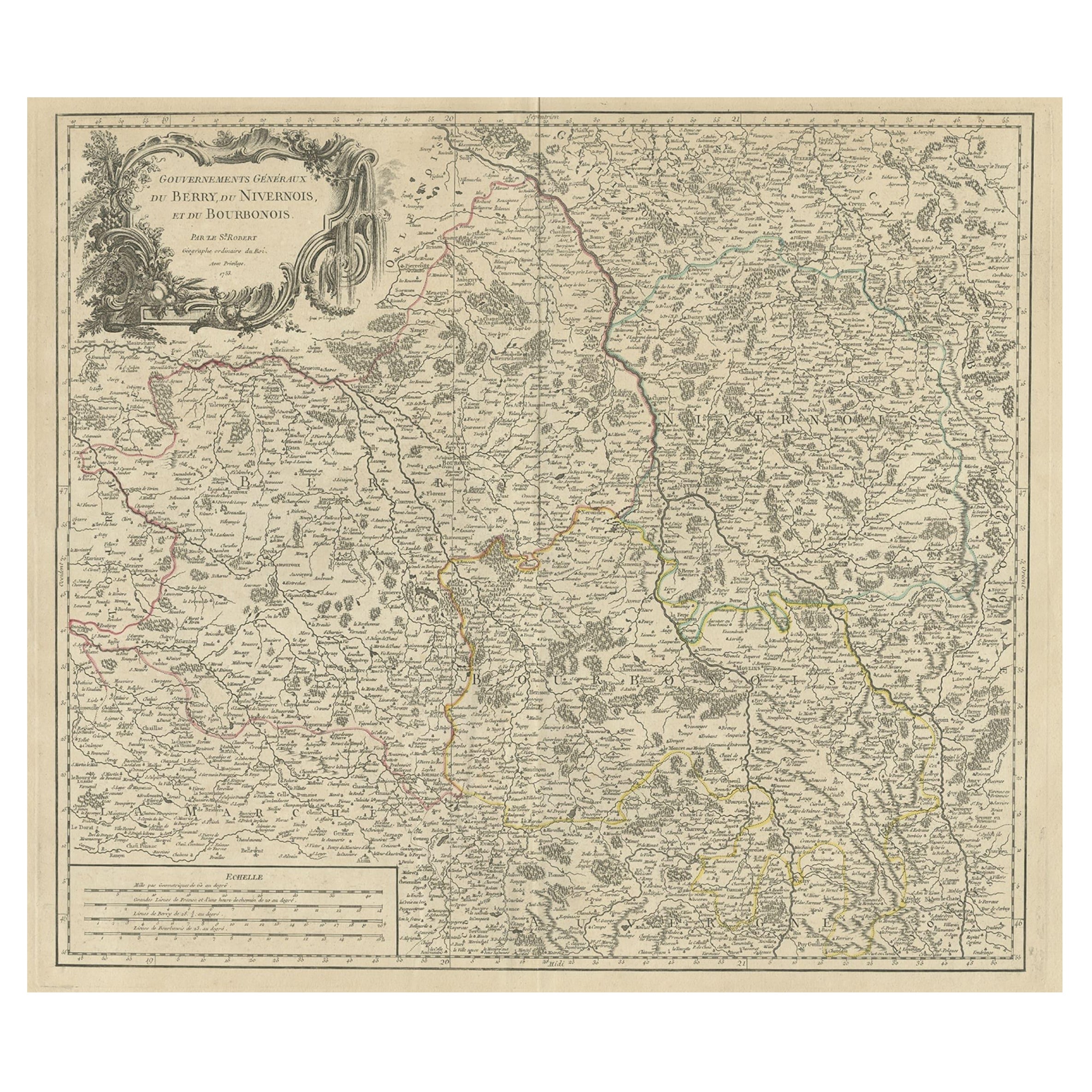 Grande carte ancienne de la région de Berry, Nivernois et Bourbonnais, France, 1753