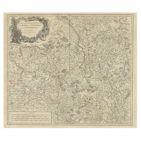 Large Antique Map of the Region of Berry, Nivernois & Bourbonnais, France, 1753