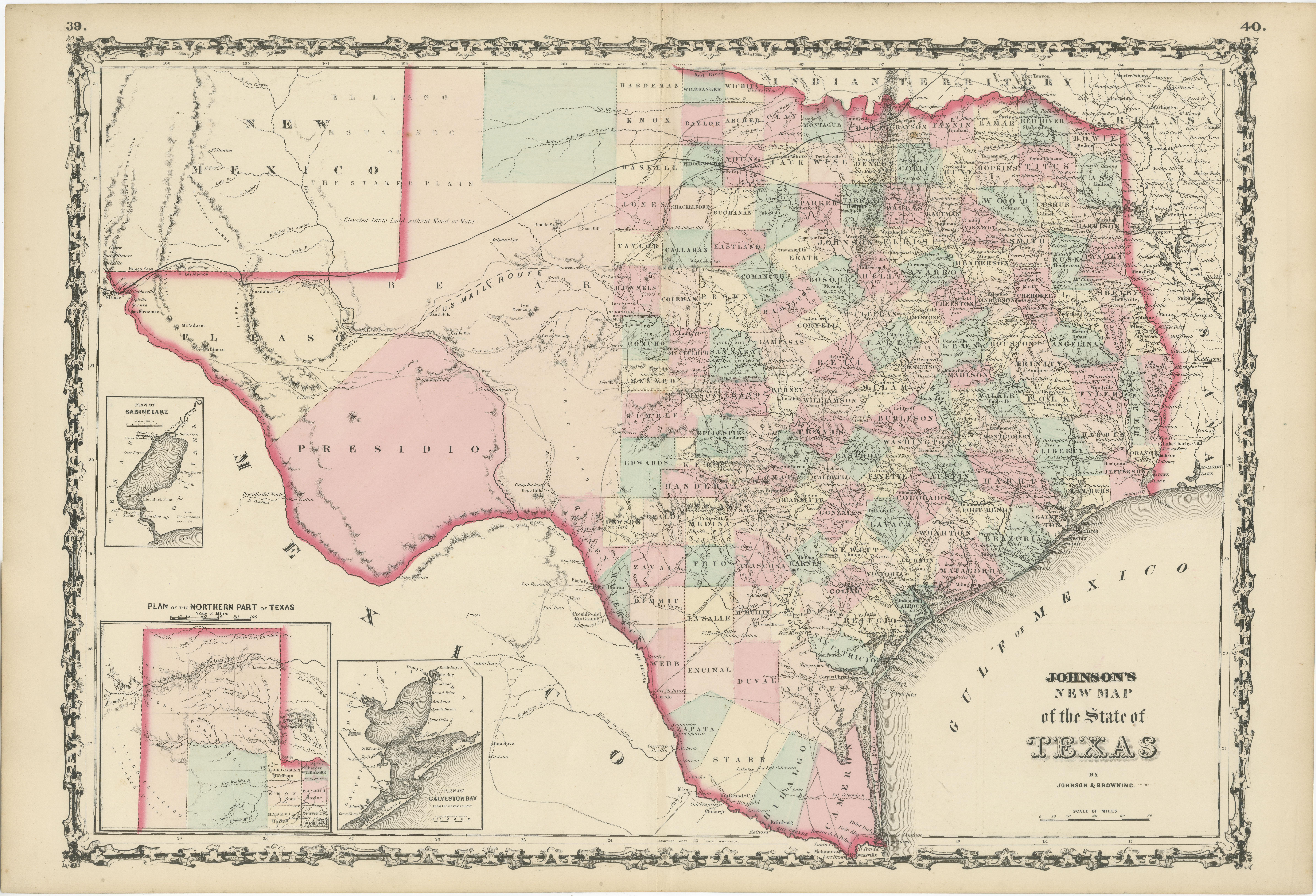 Antique map titled 'Johnson's New Map of the State of Texas' Large map of Texas, shows railroads, wagon roads, the U.S. Mail Route, rivers, ports, large towns, and villages of the mid-19th century. Much of the western portion of the state is divided