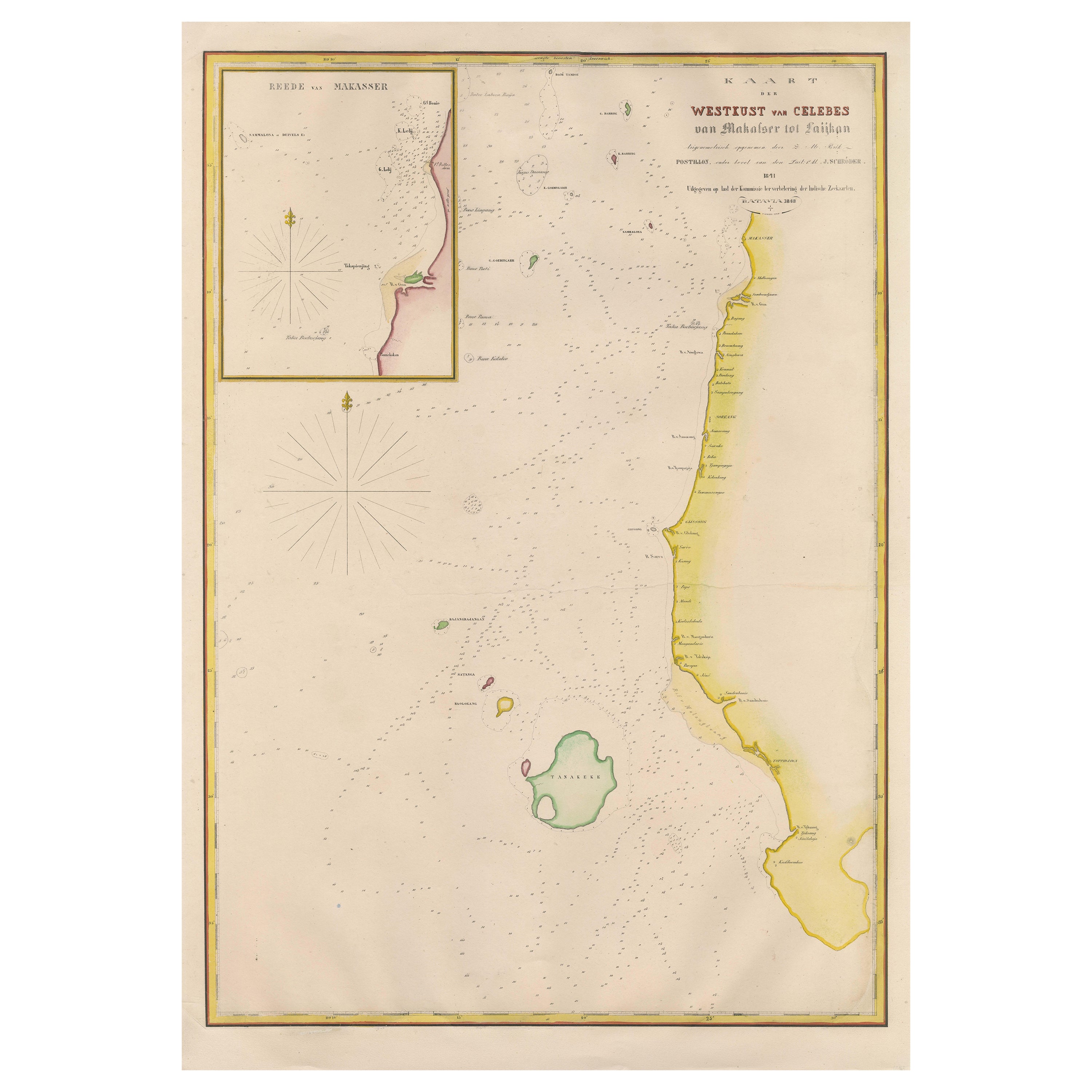 Gran Mapa Antiguo de la costa oeste de Célebes, Sulawesi, Indonesia