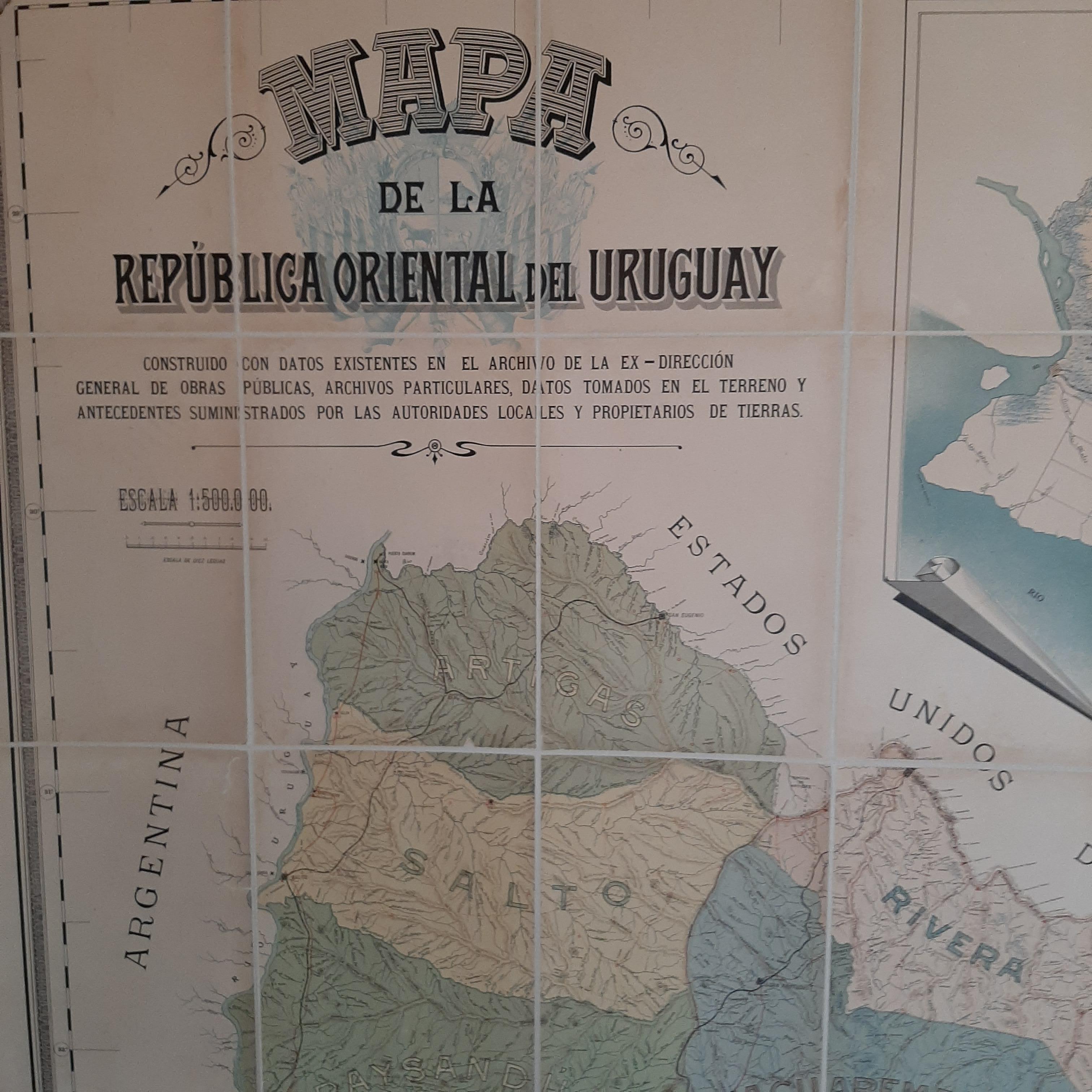Antique map titled 'Mapa de la Republica Oriental del Uruguay'. Large and detailed folding map of Uruguay. This monumental map depicts all of Uruguay with unprecedented accuracy and detail. Impressively, it serves the multiple roles of being an