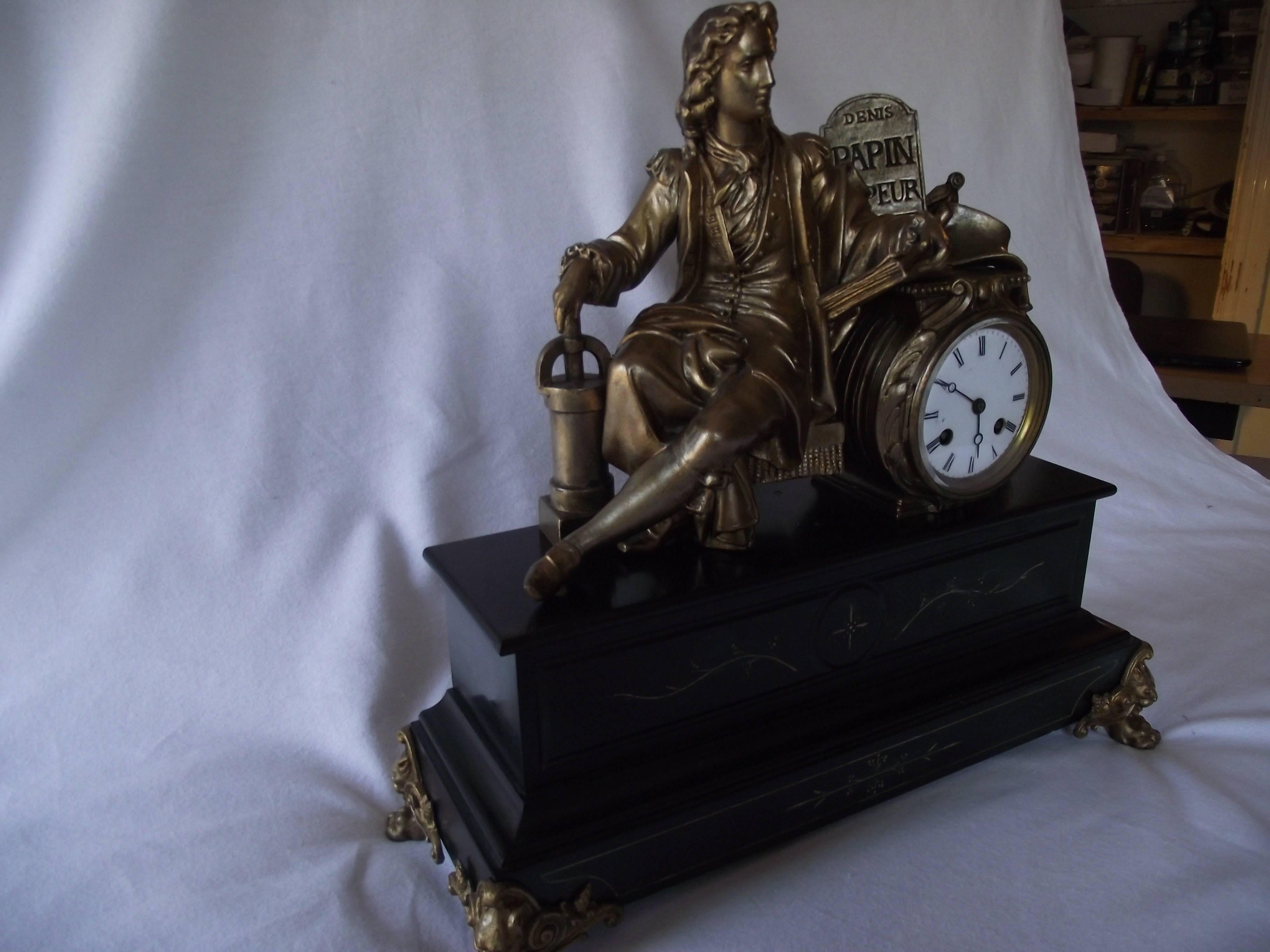 Victorian Large Antique Marble and Gilt French Figural Mantle Clock Honoring Denis Papin  For Sale