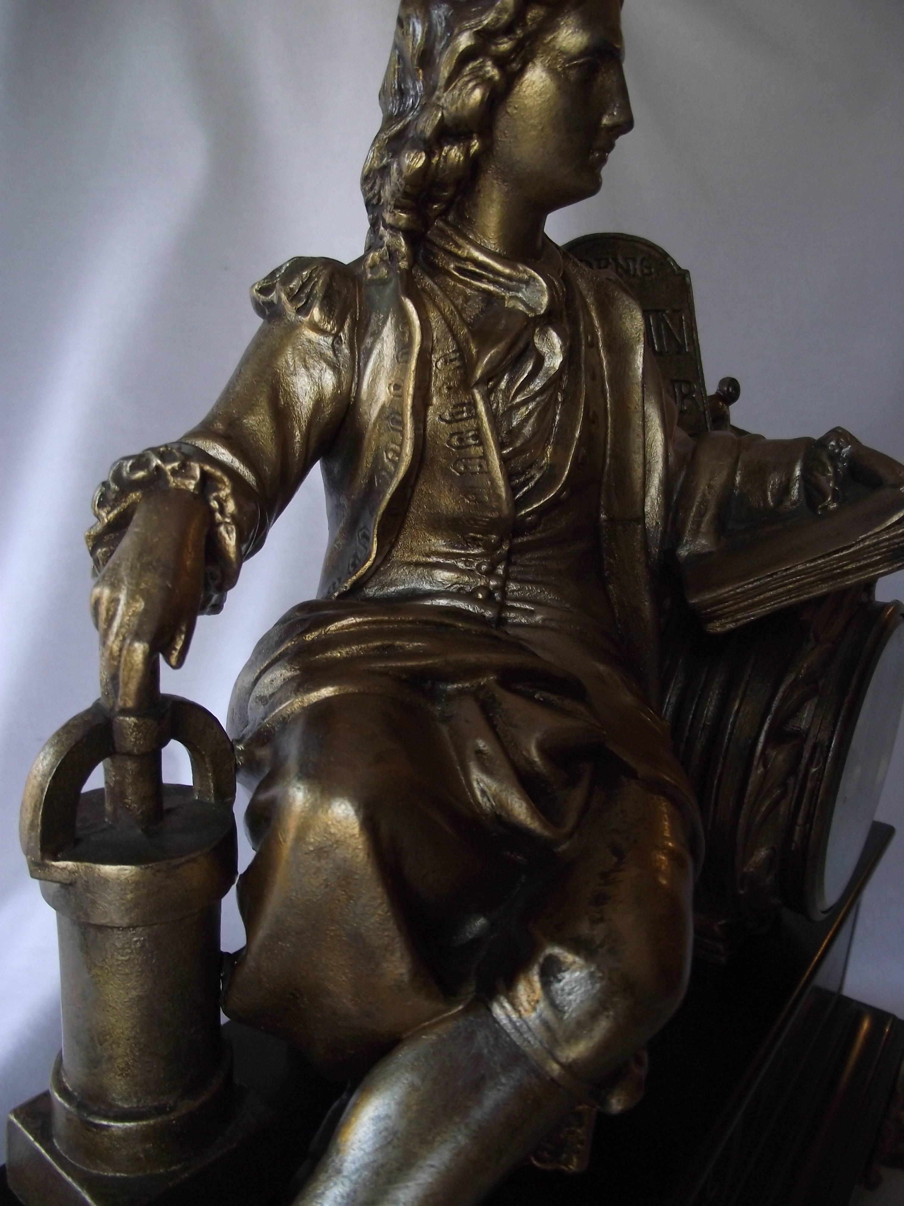 Spelter Large Antique Marble and Gilt French Figural Mantle Clock Honoring Denis Papin  For Sale