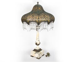 Large Antique Marble Lamp with Brass and Crystal Shade