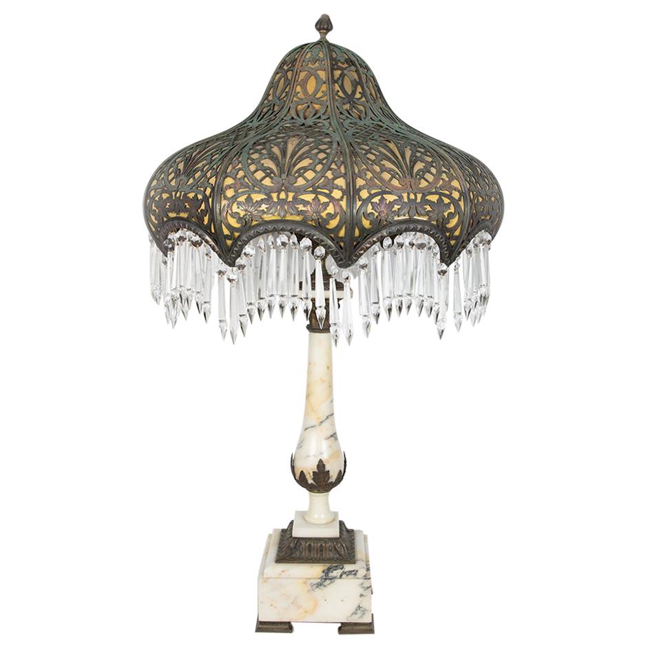 Large Antique Marble Lamp with Brass and Crystal Shade