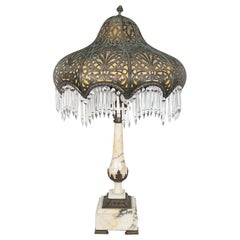 Large Antique Marble Lamp with Brass and Crystal Shade