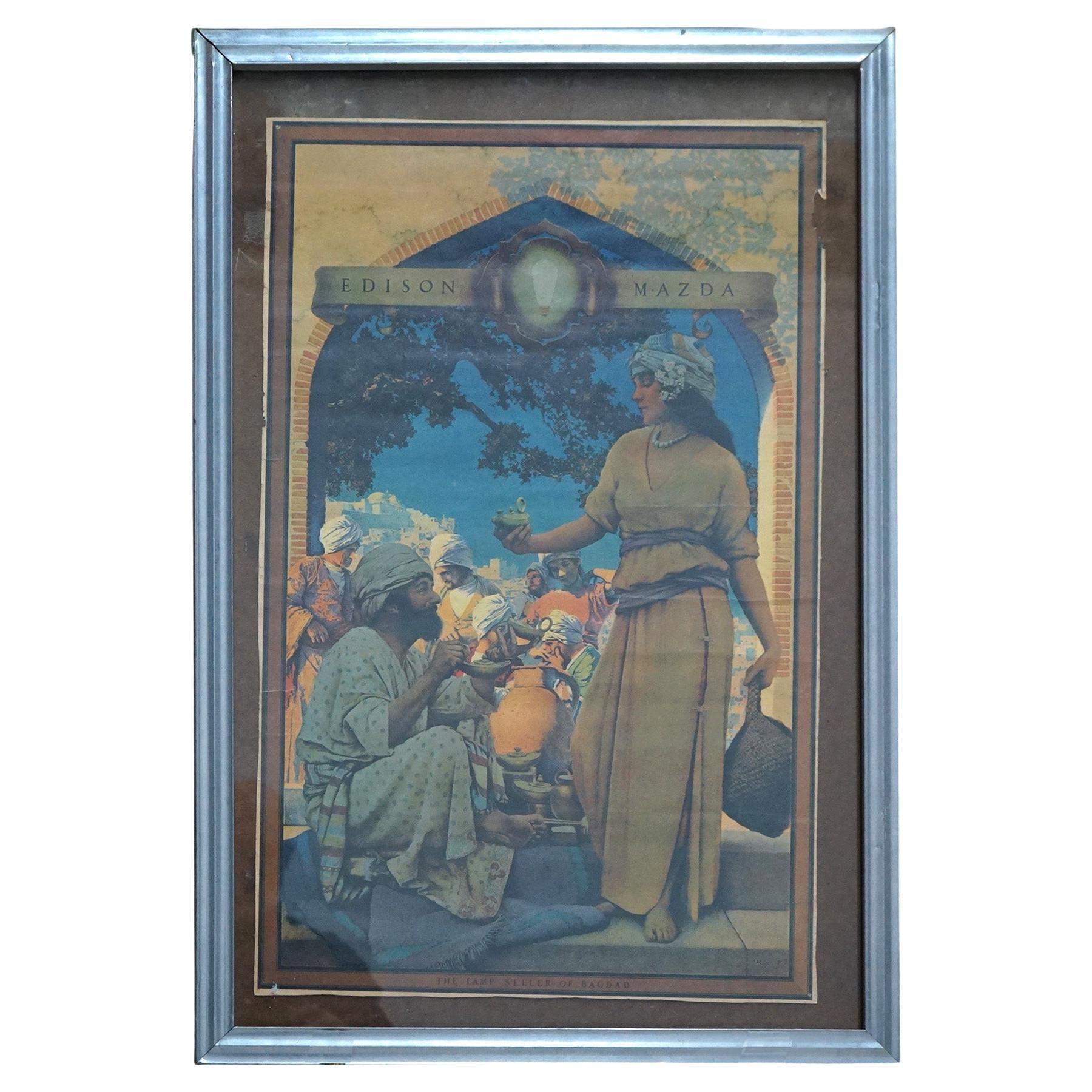 Large Antique Maxfield Parrish Art Deco Print "Lamp Seller of Baghdad" c 1920