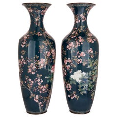 Large Antique Meiji Cloisonné Enamel Vases Japanese 19th Century Birds Flowers