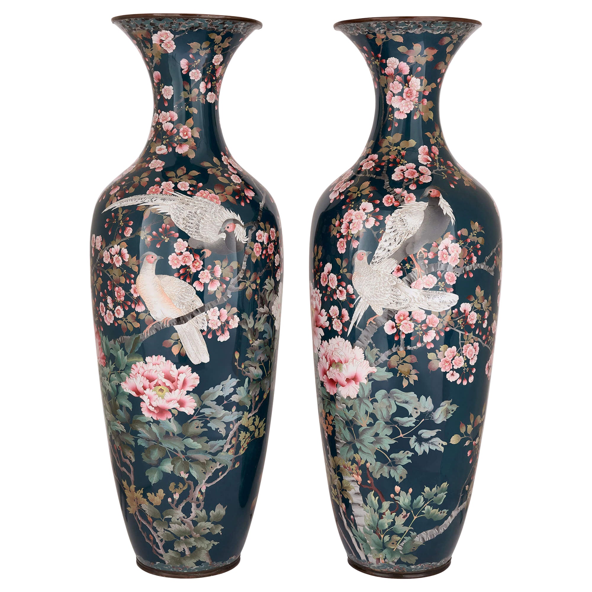 Large Antique Meiji Cloisonné Enamel Vases Japanese 19th Century Birds Flowers en venta