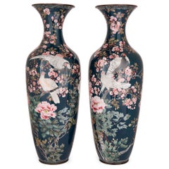 Large Antique Meiji Cloisonné Enamel Vases Japanese 19th Century Birds Flowers