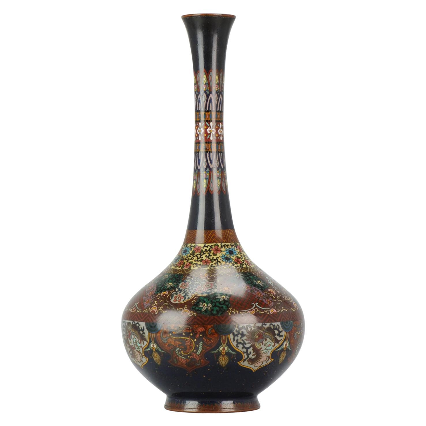 Large Antique Meiji Japanese Bronze Cloisonne Vase Cranes Glaze Vase Japan