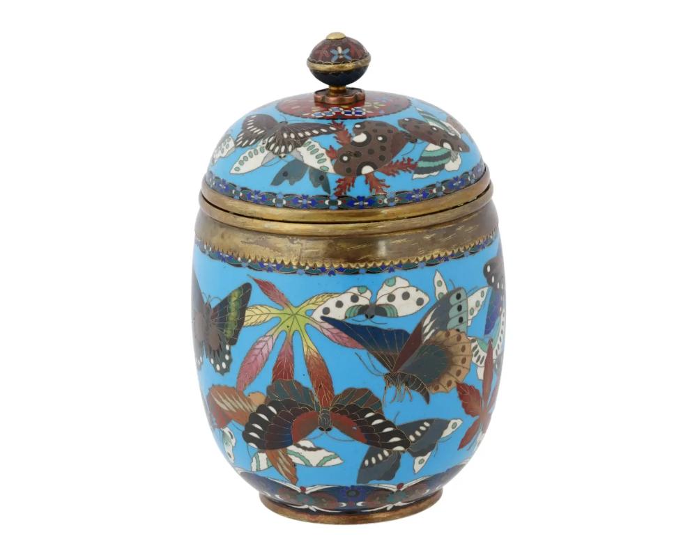 Cloissoné Large Antique Meiji Japanese Cloisonne Enamel Covered Jar with Butterflies Goto For Sale
