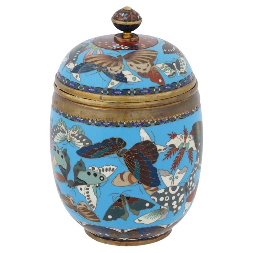 Large Antique Meiji Japanese Cloisonne Enamel Covered Jar with Butterflies Goto