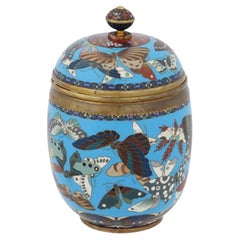 Gran Tarro Japonés Antiguo Meiji Cubierto de Esmalte Cloisonné con Mariposas Goto